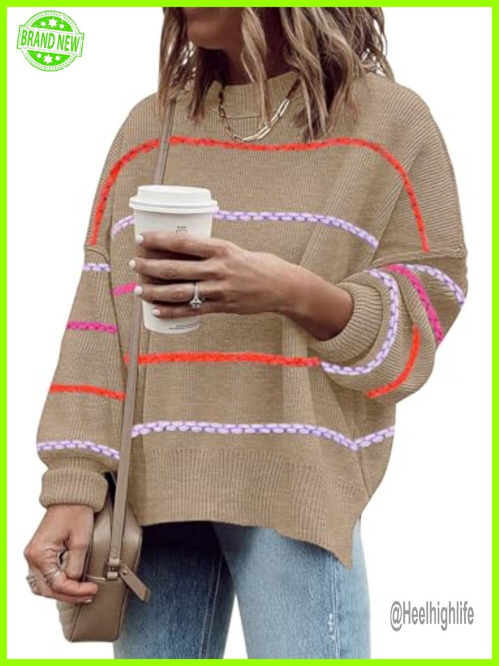 Womens Oversized Ribbed Side Slit Pullover Sweater Crewneck Mock Neck Knit